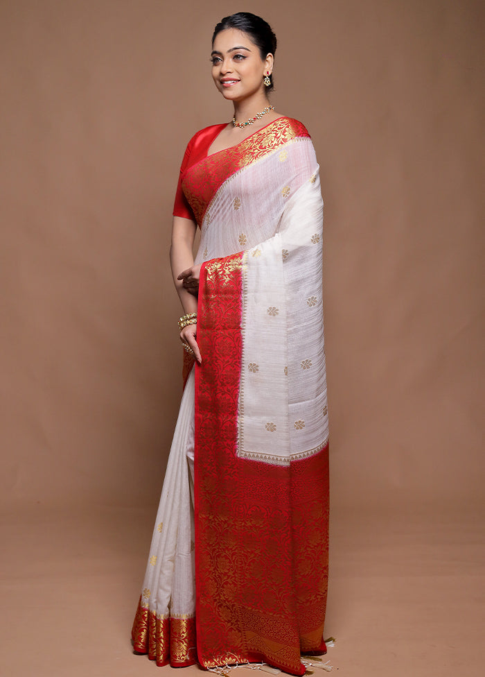 White Dupion Silk Saree With Blouse Piece