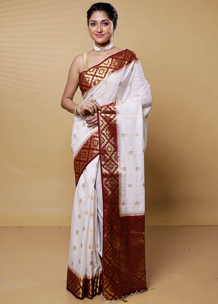 White Dupion Silk Saree With Blouse Piece