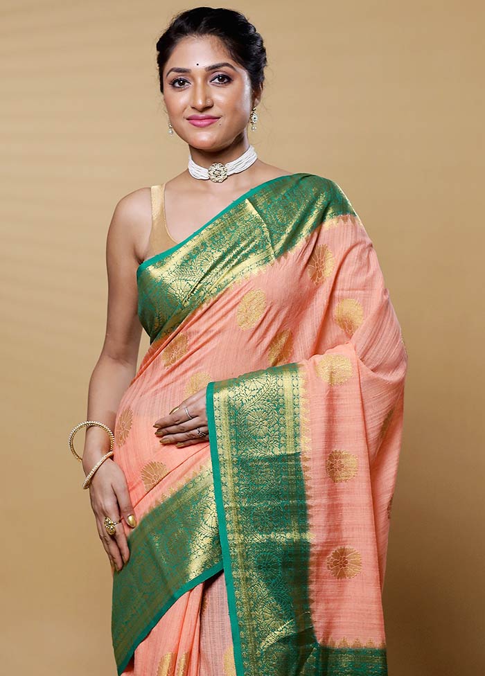 Peach Dupion Silk Saree With Blouse Piece