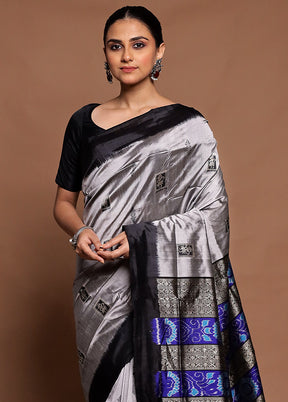 Grey Handloom Bomkai Pure Silk Saree With Blouse Piece