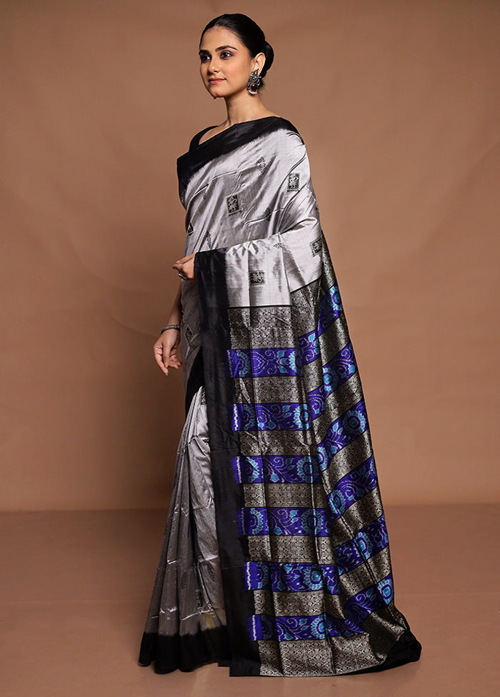 Grey Handloom Bomkai Pure Silk Saree With Blouse Piece