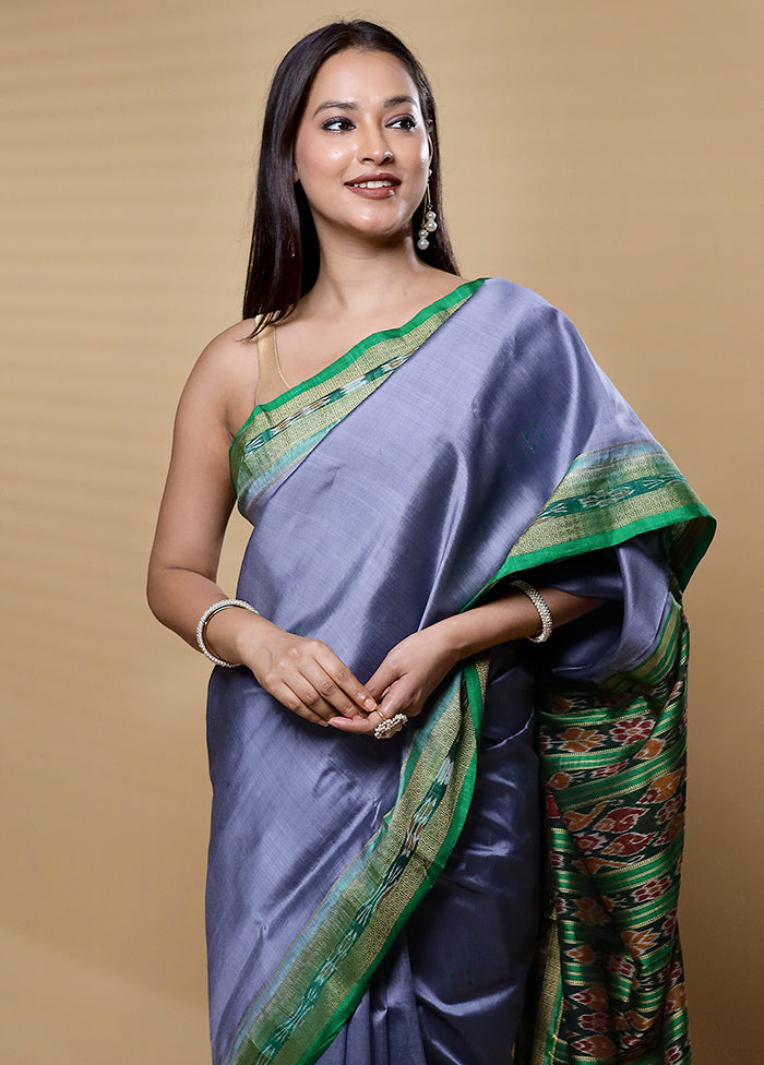 Grey Handloom Patola Pure Silk Saree With Blouse Piece