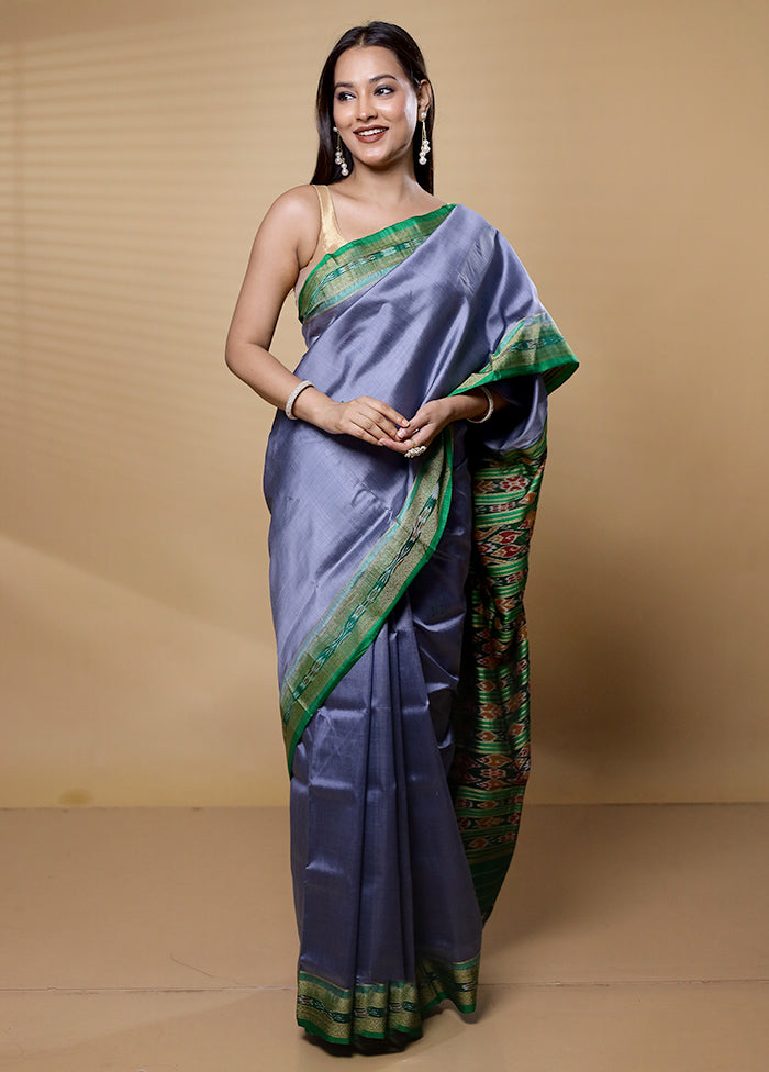 Grey Handloom Patola Pure Silk Saree With Blouse Piece