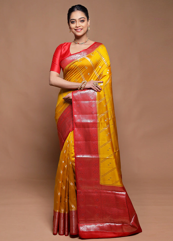 Yellow Handloom Dupion Pure Silk Saree With Blouse Piece