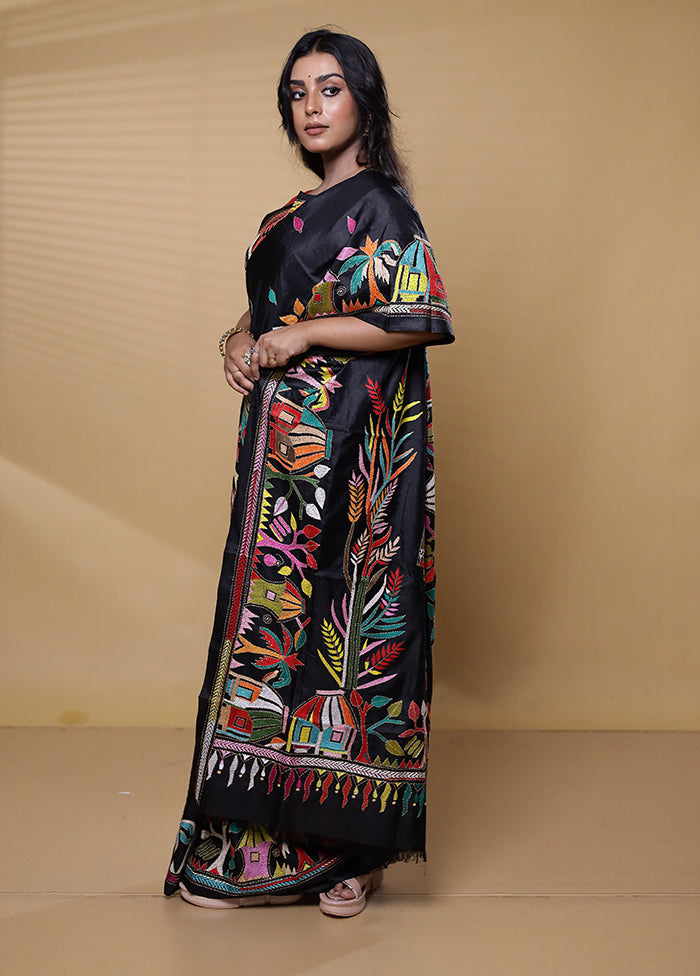 Black Handloom Kantha Stitch Pure Silk Saree With Blouse Piece