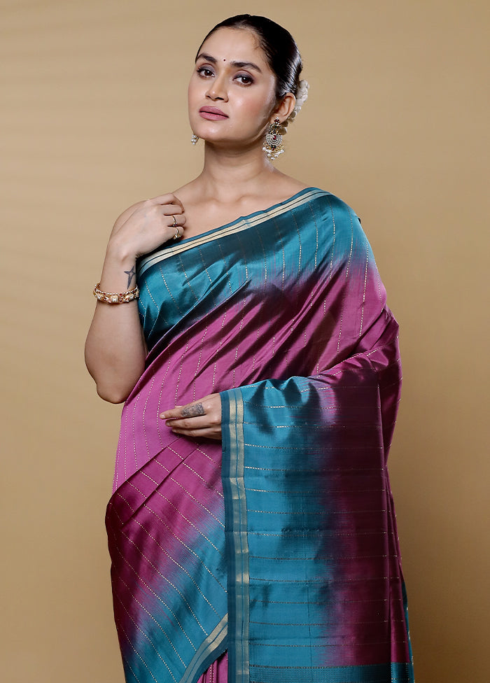 Purple Handloom Kanjivaram Pure Silk Saree With Blouse Piece