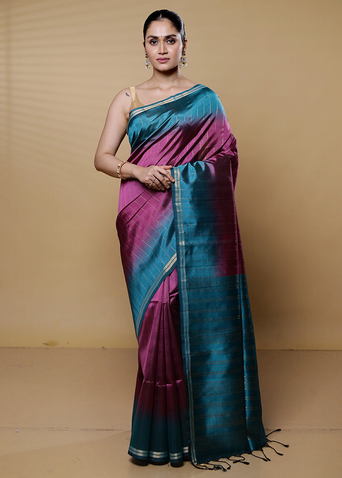 Purple Handloom Kanjivaram Pure Silk Saree With Blouse Piece