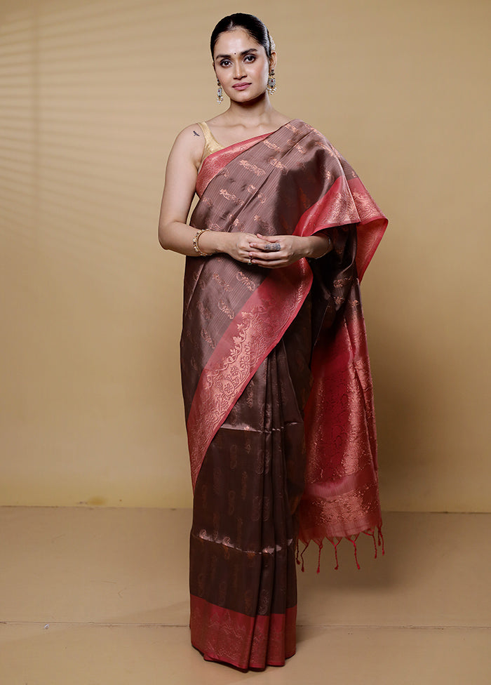 Brown Handloom Kanjivaram Pure Silk Saree With Blouse Piece