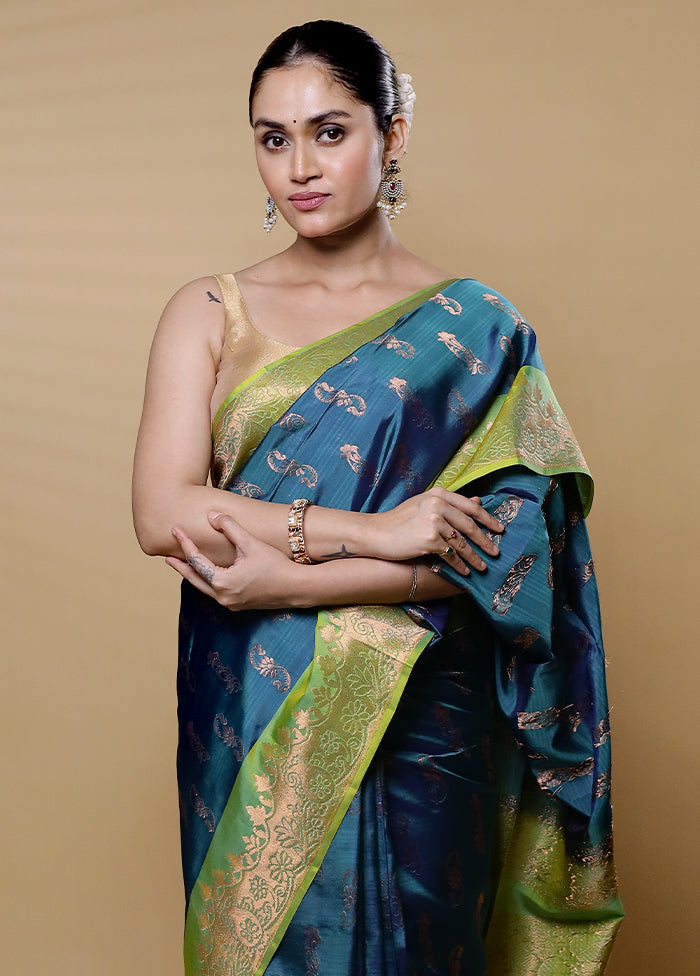 Blue Handloom Kanjivaram Pure Silk Saree With Blouse Piece