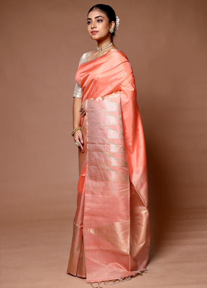 Peach Handloom Kanchipuram Pure Silk Saree With Blouse Piece