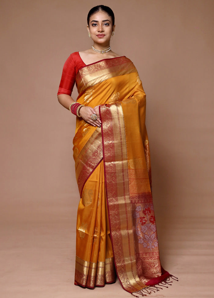 Mustard Handloom Kanchipuram Pure Silk Saree With Blouse Piece