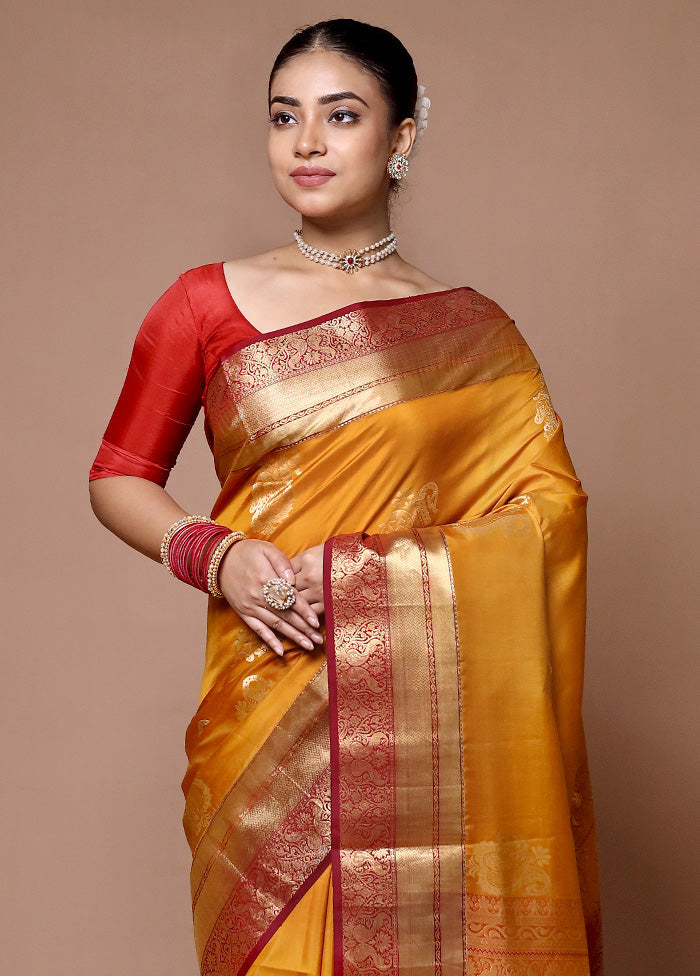 Mustard Handloom Kanchipuram Pure Silk Saree With Blouse Piece