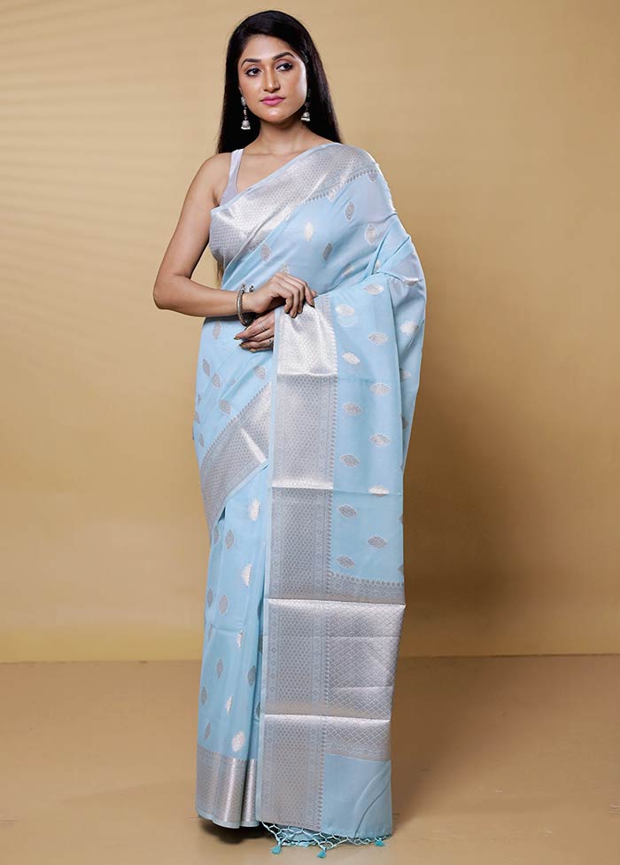 Blue Kora Silk Saree With Blouse Piece