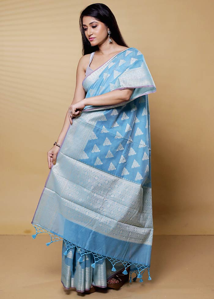 Blue Kora Silk Saree With Blouse Piece