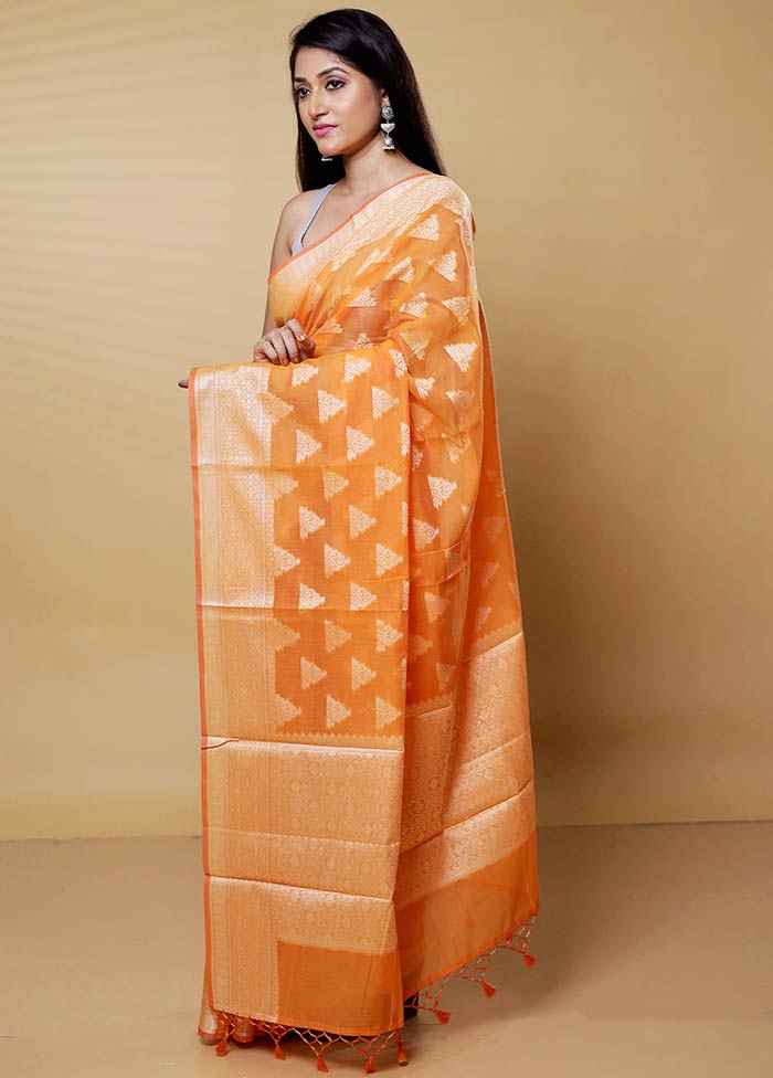 Orange Kora Silk Saree With Blouse Piece