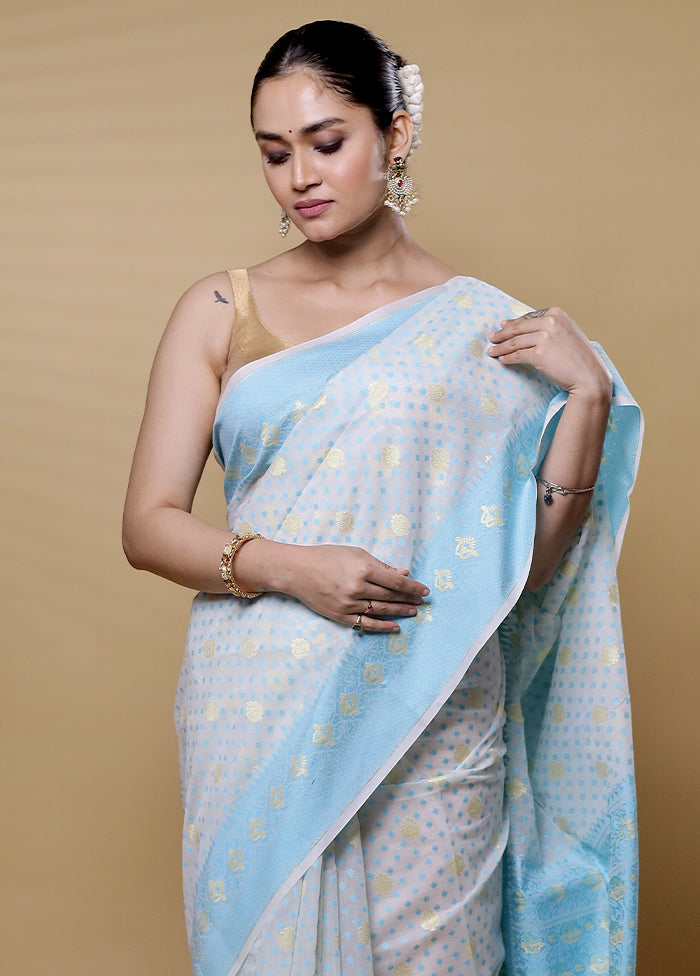 Blue Kora Silk Saree With Blouse Piece