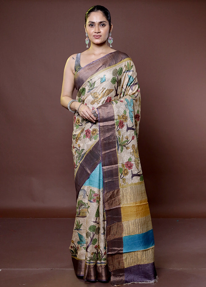 Cream Handloom Tussar Pure Silk Saree With Blouse Piece