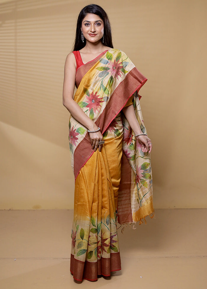 Yellow Handloom Tussar Pure Silk Saree With Blouse Piece