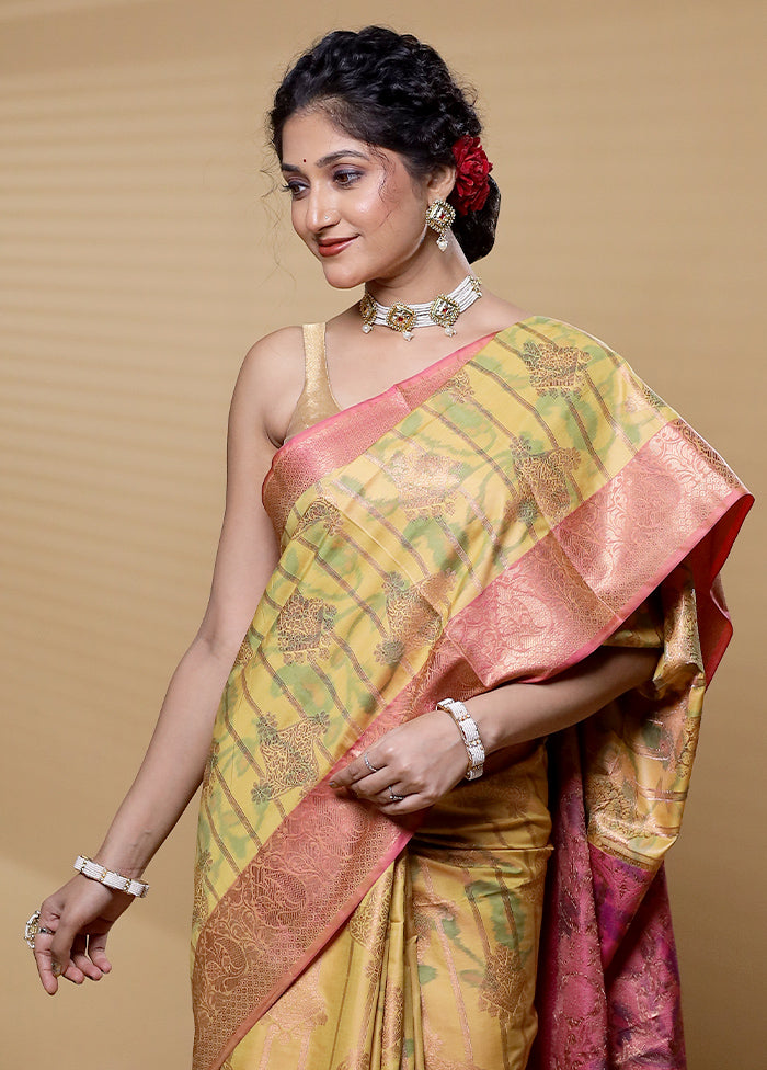 Yellow Dupion Silk Saree With Blouse Piece