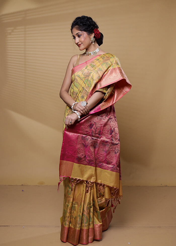 Yellow Dupion Silk Saree With Blouse Piece