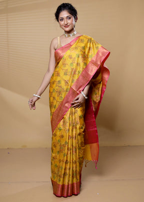 Yellow Dupion Silk Saree With Blouse Piece