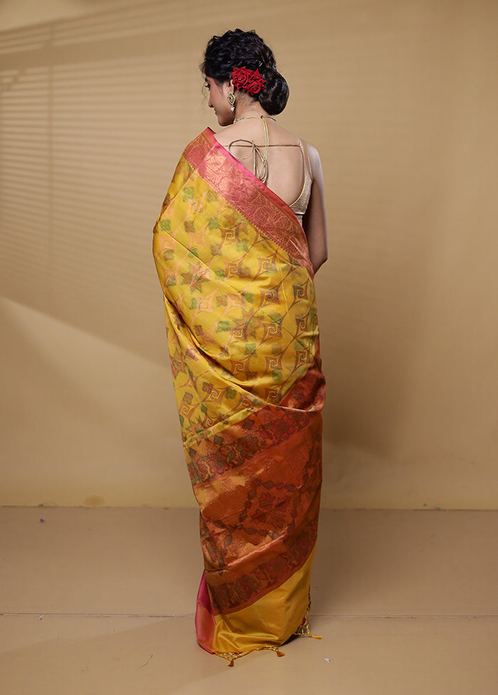 Yellow Dupion Silk Saree With Blouse Piece