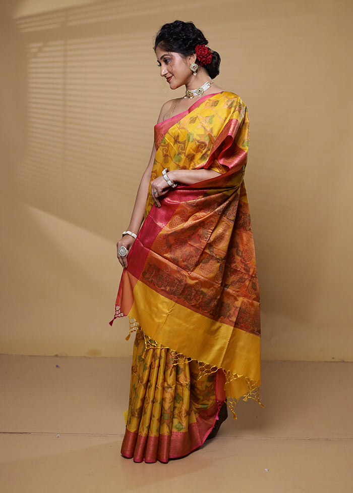 Yellow Dupion Silk Saree With Blouse Piece