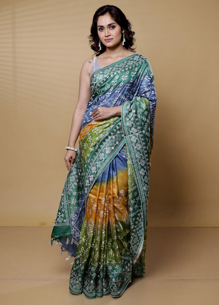 Blue Handloom Tussar Pure Silk Saree With Blouse Piece