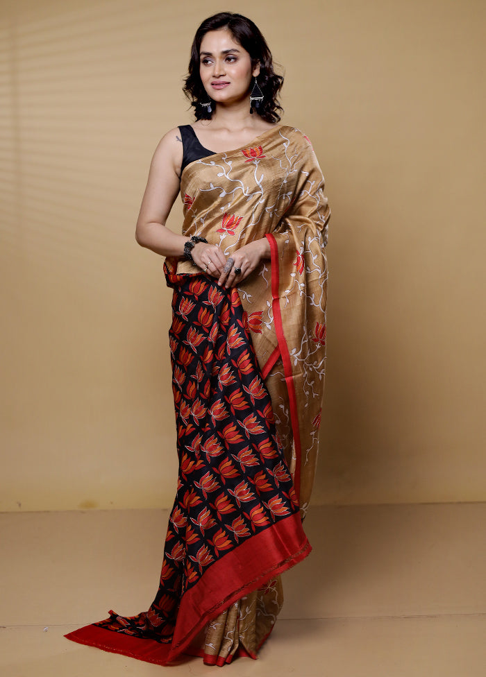 Brown Handloom Tussar Pure Silk Saree With Blouse Piece