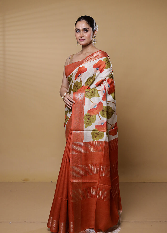 White Tussar Silk Saree With Blouse Piece