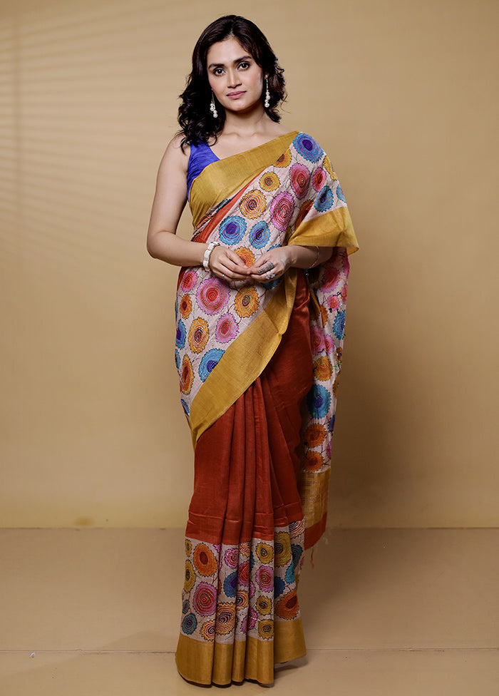 Cream Handloom Tussar Pure Silk Saree With Blouse Piece