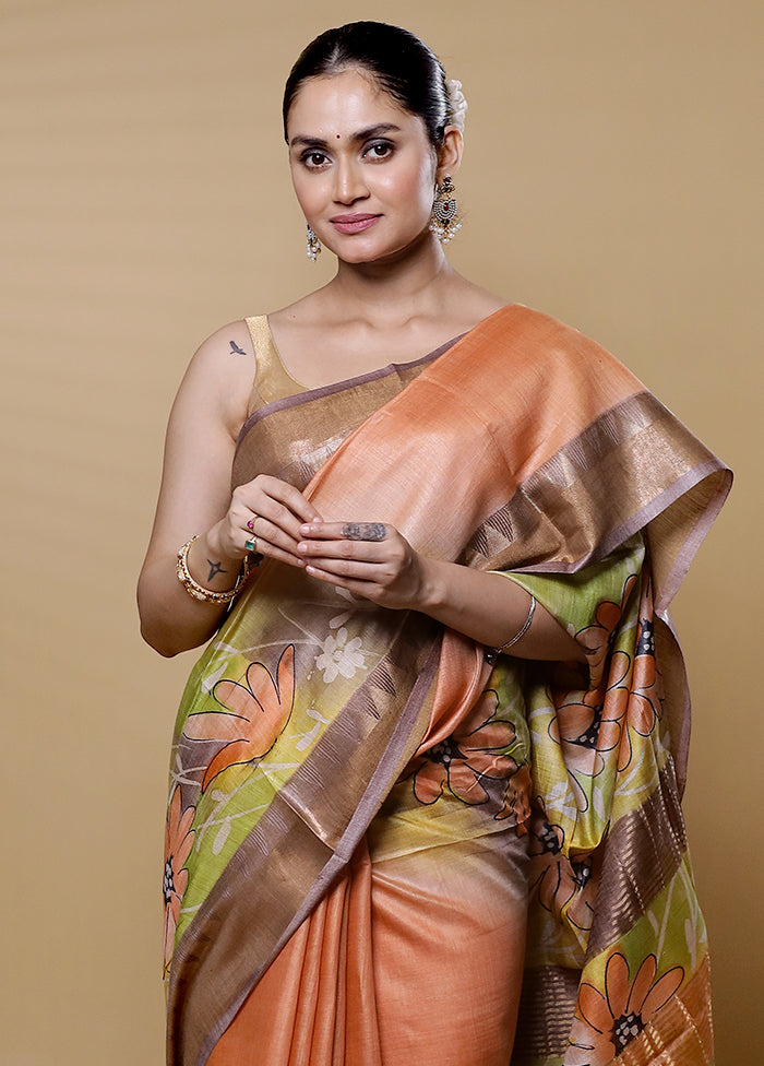 Peach Tussar Silk Saree With Blouse Piece