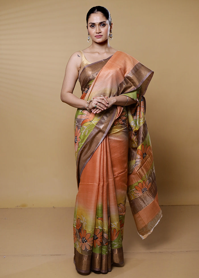 Peach Tussar Silk Saree With Blouse Piece