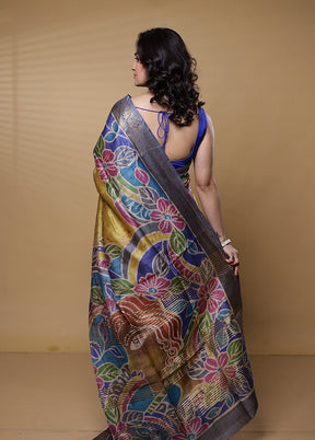 Blue Handloom Tussar Pure Silk Saree With Blouse Piece