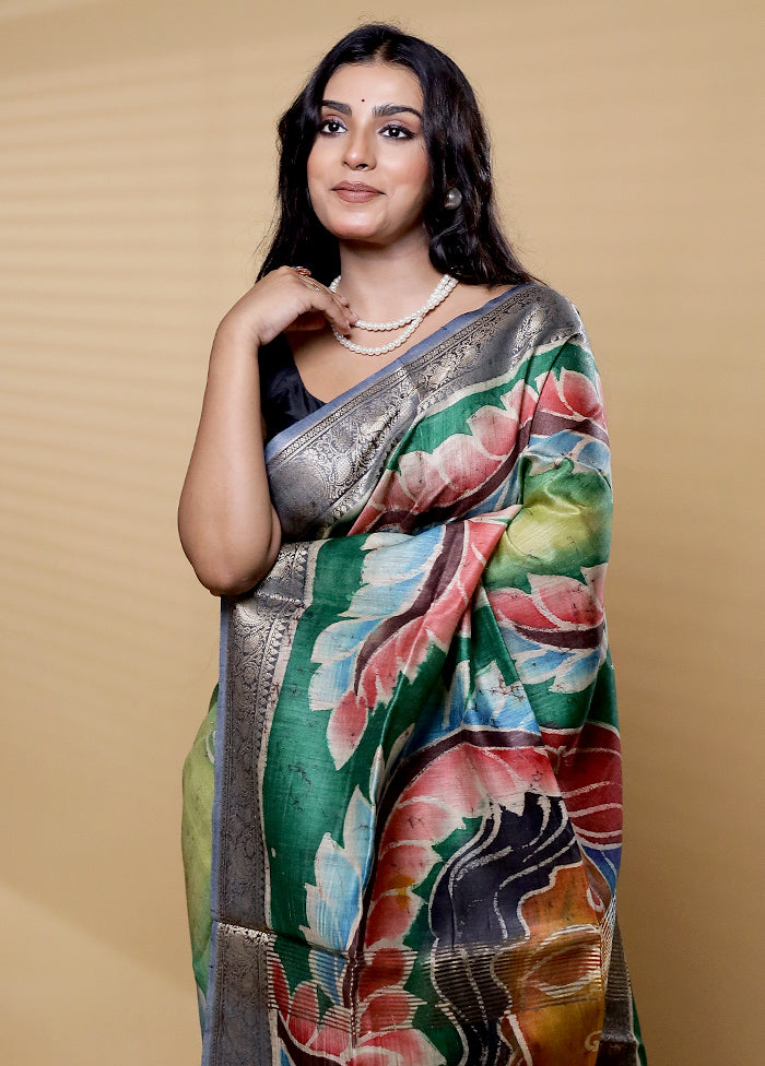 Multicolor Handloom Tussar Pure Silk Saree With Blouse Piece