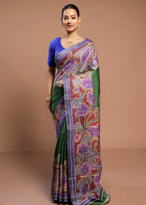 Green Handloom Tussar Pure Silk Saree With Blouse Piece