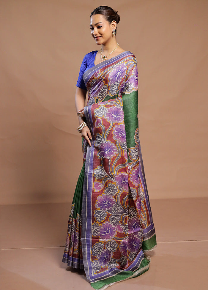 Green Handloom Tussar Pure Silk Saree With Blouse Piece