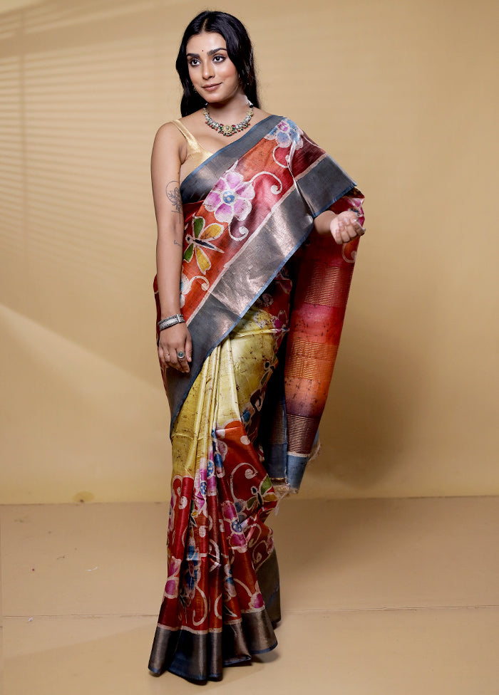 Multicolor Handloom Tussar Pure Silk Saree With Blouse Piece