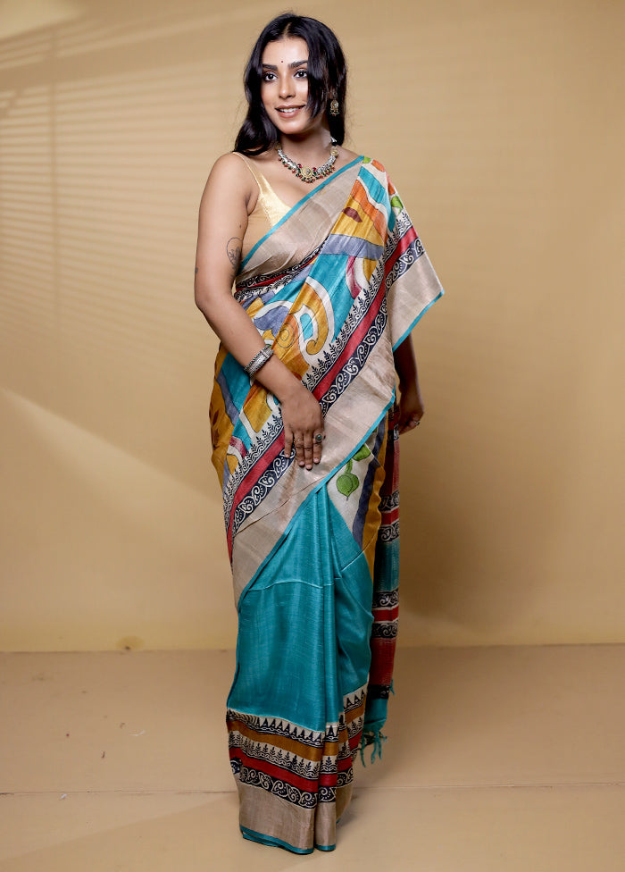 Multicolor Handloom Tussar Pure Silk Saree With Blouse Piece