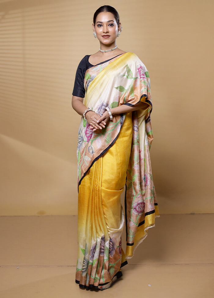 Yellow Handloom Tussar Pure Silk Saree With Blouse Piece