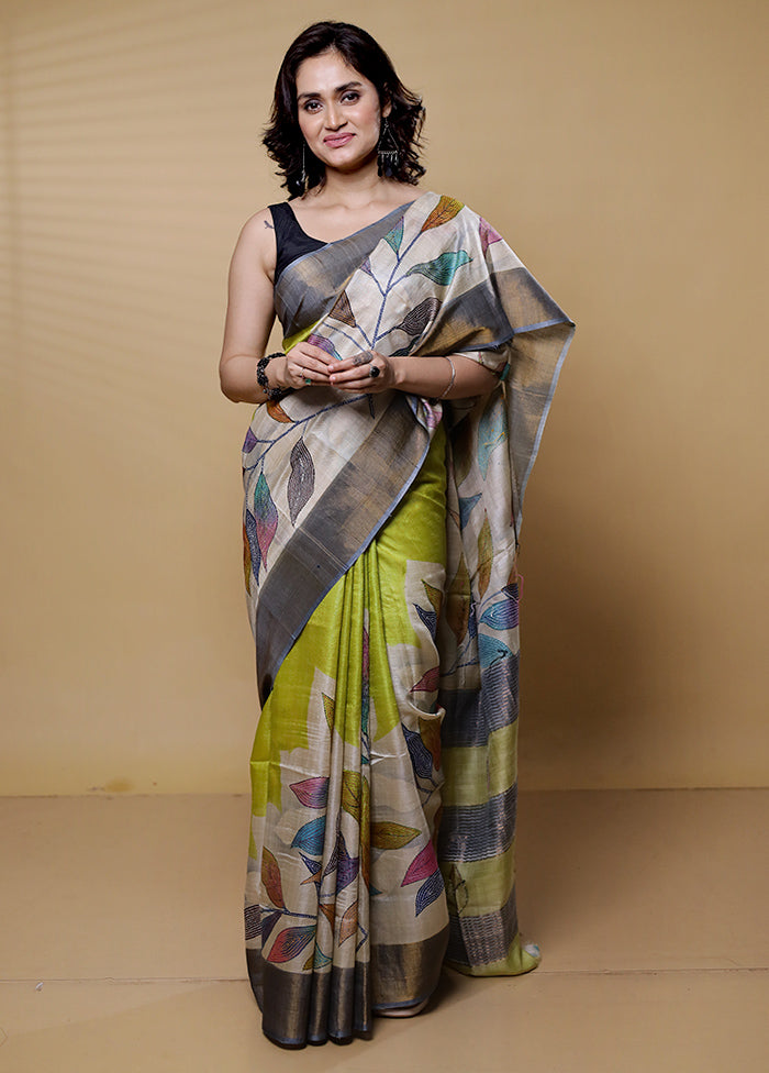 Cream Handloom Tussar Pure Silk Saree With Blouse Piece