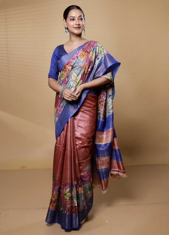 Rust Handloom Tussar Pure Silk Saree With Blouse Piece