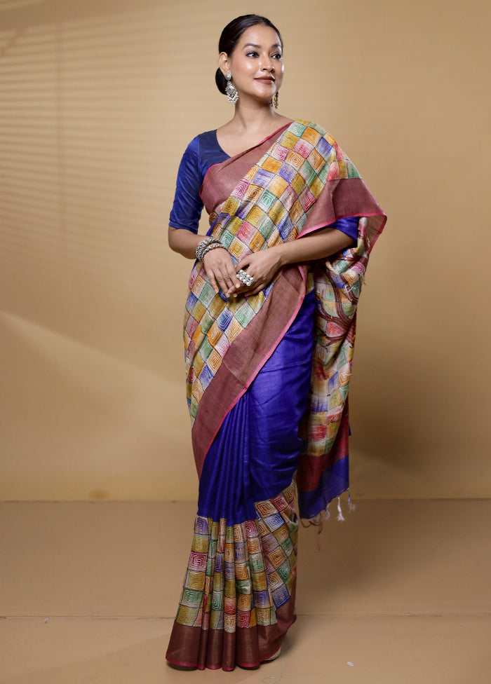 Blue Handloom Tussar Pure Silk Saree With Blouse Piece