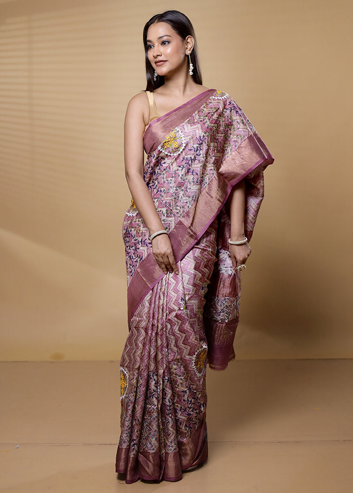 Pink Handloom Tussar Pure Silk Saree With Blouse Piece