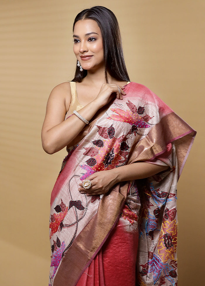 Pink Handloom Tussar Pure Silk Saree With Blouse Piece