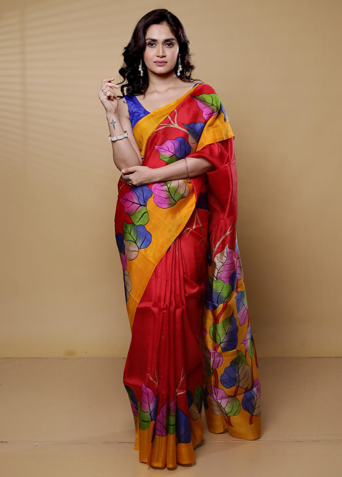 Red Printed Pure Silk Saree Without Blouse Piece