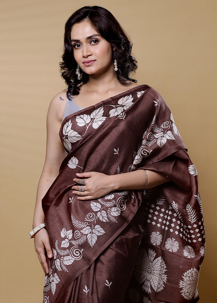 Brown Printed Pure Silk Saree Without Blouse Piece