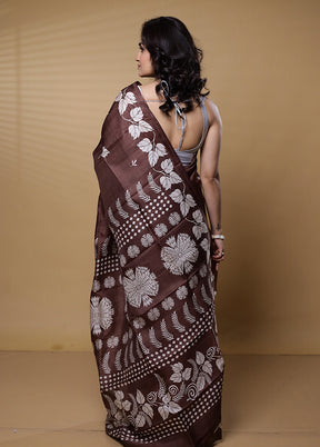 Brown Printed Pure Silk Saree Without Blouse Piece