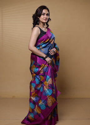 Grey Printed Pure Silk Saree Without Blouse Piece