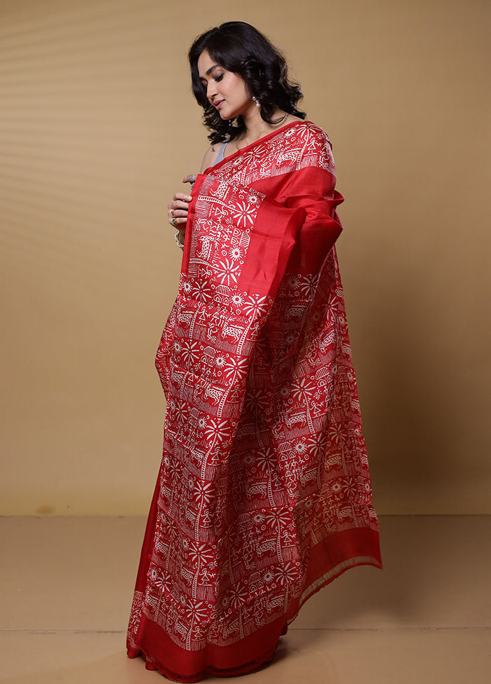 Red Printed Pure Silk Saree Without Blouse Piece